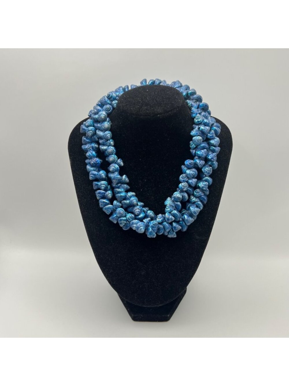 Vintage Blue Dyed Trochus Shell Necklace 28" Iridescent Top Shell Beads Coastal